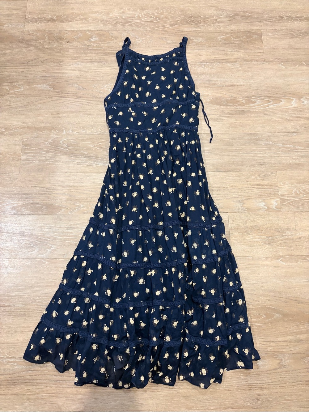 Free People Navy Blue Maxi Dress with Cream Floral Print